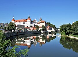 Schloss Neuburg und die Donau, die sich rechts am Schloss vorbeischlängelt. Links ist die Promenade und links das begrünte Ufer zu sehen.