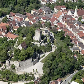 Die Burg Pappenheim von oben aufgenommen. Man hat einen guten Blick auf die gesamte Anlage mit Garten und Bäumen. Rechts sind auch viele Pappenheimer Häuser zu sehen.