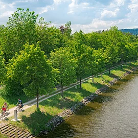 Der Radweg verläuft entlang des Main-Donau-Kanals. Bäume entlang des Ufers spenden den  Radlern Schatten.