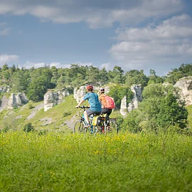 Radfahrer bei den 12 Apostel Solnhofen Zwei Personen fahren mit Fahrrädern auf einem grasbewachsenen Feld vor einer Felslandschaft.