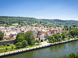 Blick auf eine Stadt mit roten Dächern, Flussufer, Bäumen und bewaldeten Hügeln im Hintergrund bei klarem Himmel.